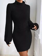 Women's turtleneck ribbed knit sweater dress by Plush Fashion Hub, long sleeve midi dress with a cozy, fitted silhouette.