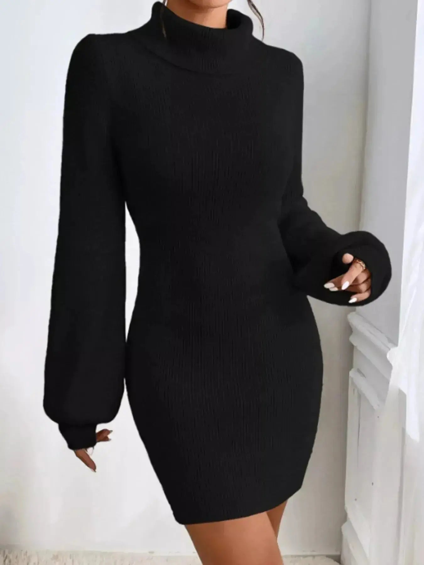 Women's turtleneck ribbed knit sweater dress by Plush Fashion Hub, long sleeve midi dress with a cozy, fitted silhouette.