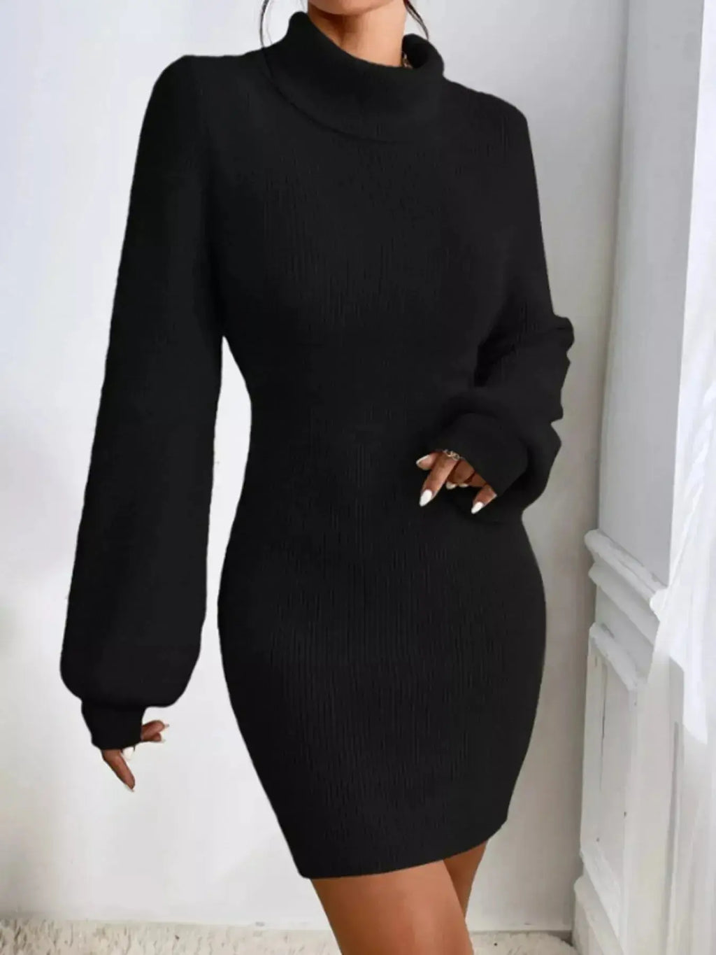 Women's ribbed knit turtleneck sweater dress with long sleeves, midi length, from Plush Fashion Hub.