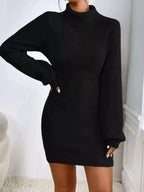 Women's ribbed knit turtleneck sweater dress with long sleeves, midi length, by Plush Fashion Hub, featuring a cozy, fitted design.