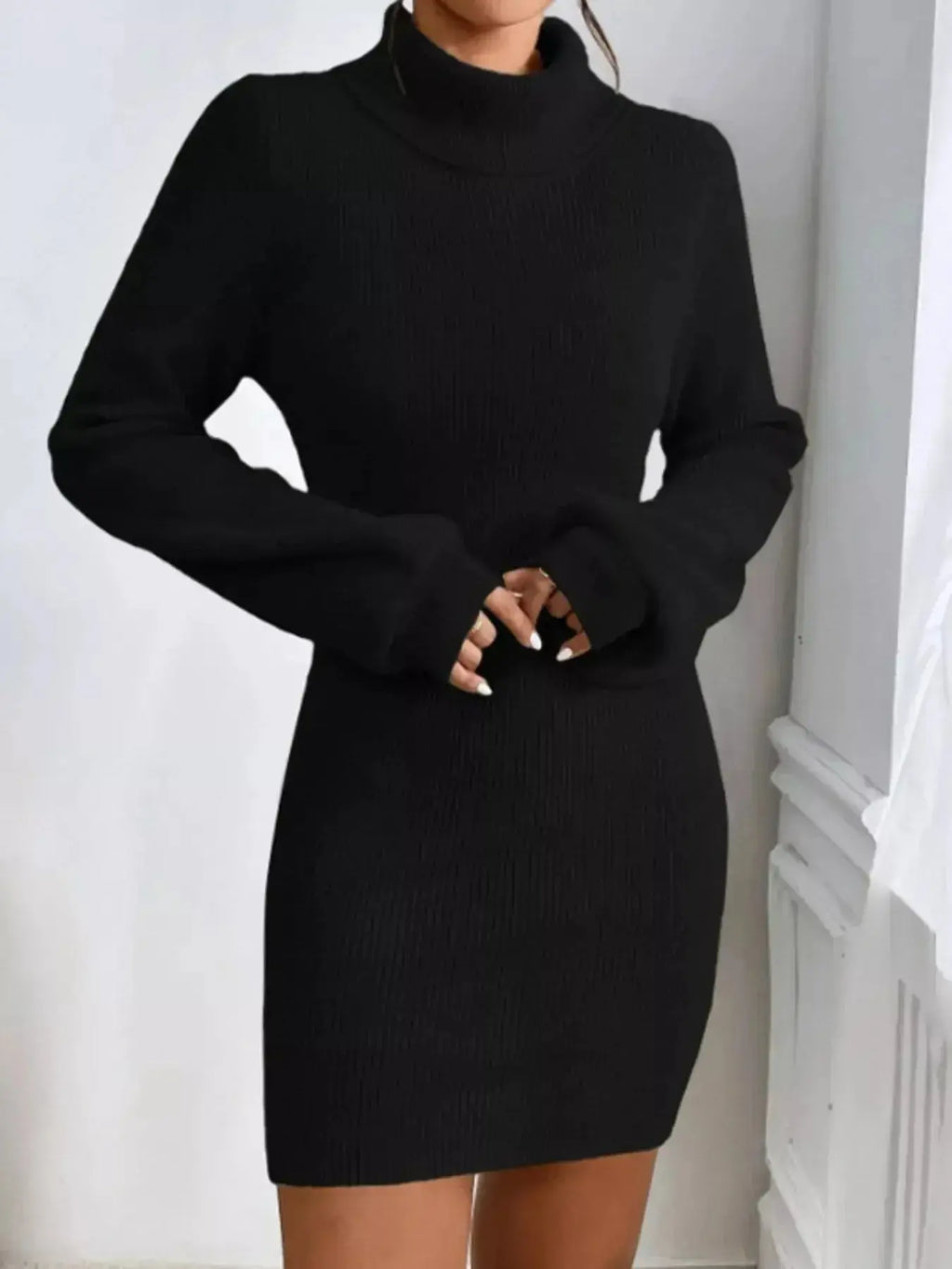 Women's ribbed knit turtleneck sweater dress by Plush Fashion Hub, featuring long sleeves and a midi length for a cozy, stylish look.