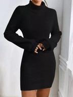 Women's ribbed knit turtleneck sweater dress by Plush Fashion Hub, featuring long sleeves and a midi length for a cozy, stylish look.