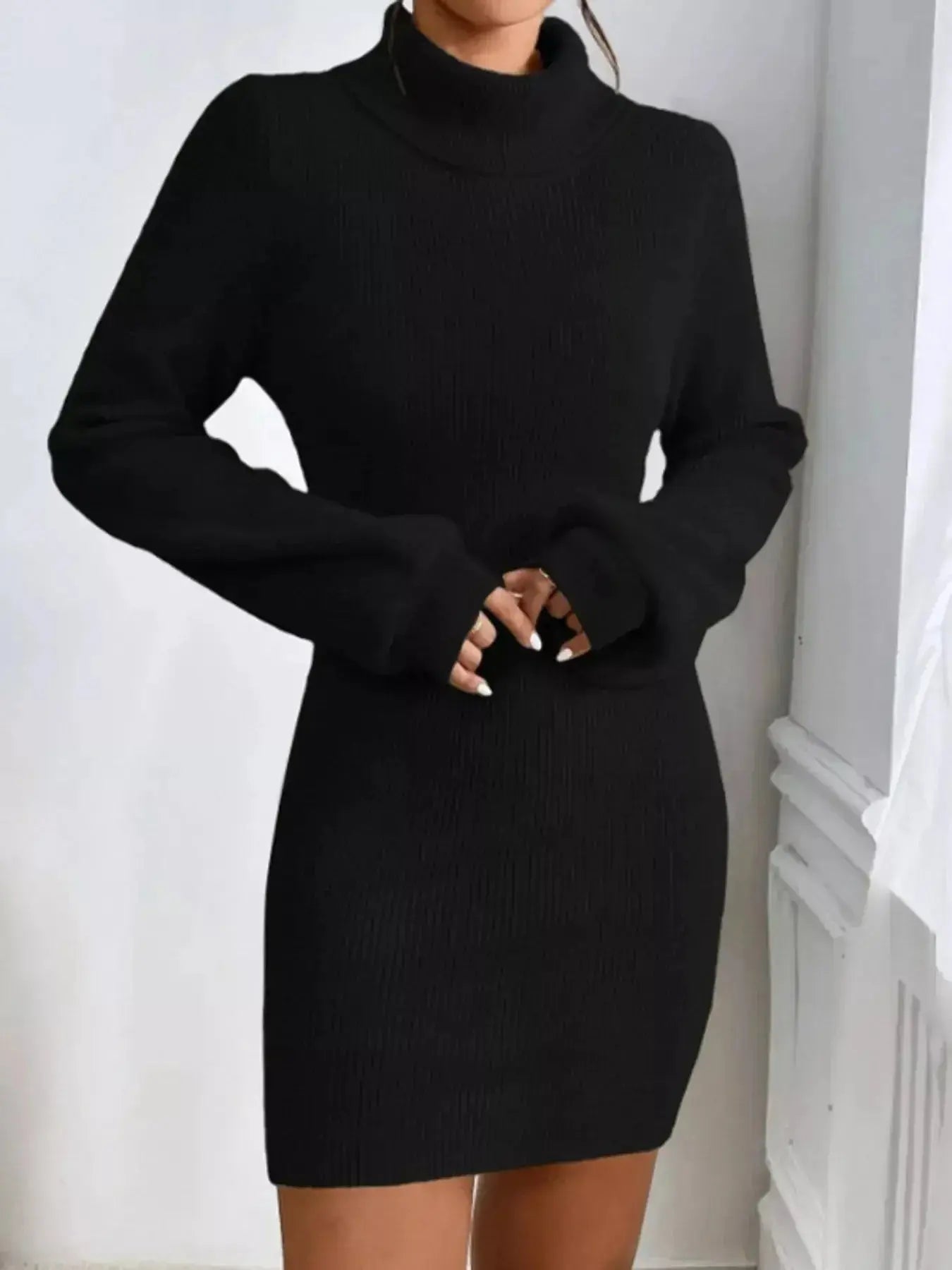 Women's ribbed knit turtleneck sweater dress by Plush Fashion Hub, featuring long sleeves and a midi length for a cozy, stylish look.