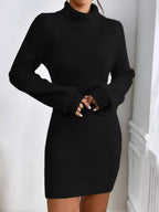 Women's ribbed knit turtleneck sweater dress by Plush Fashion Hub featuring long sleeves and a midi length.
