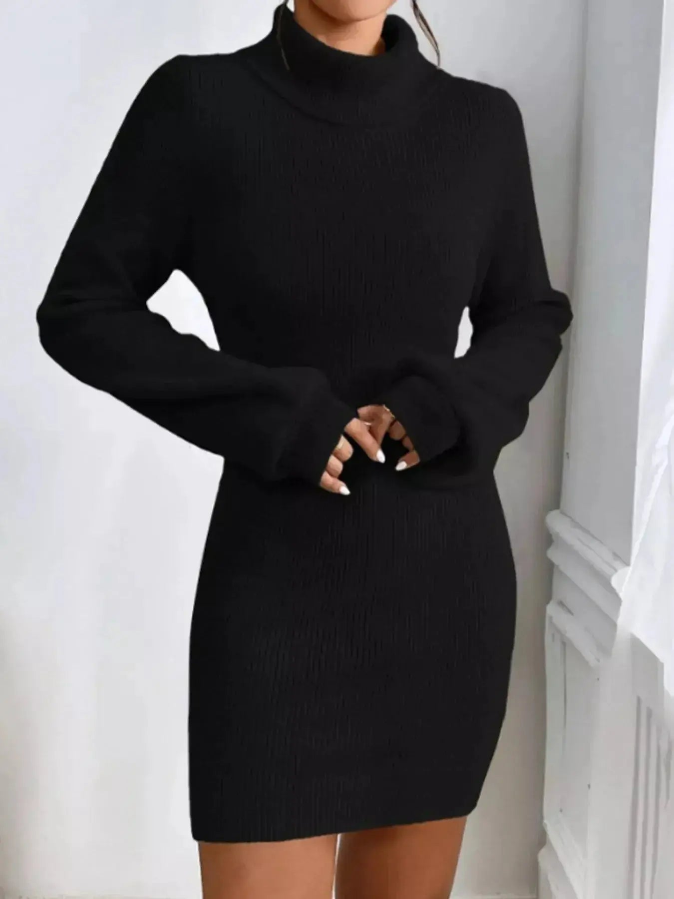 Women's ribbed knit turtleneck sweater dress by Plush Fashion Hub featuring long sleeves and a midi length.