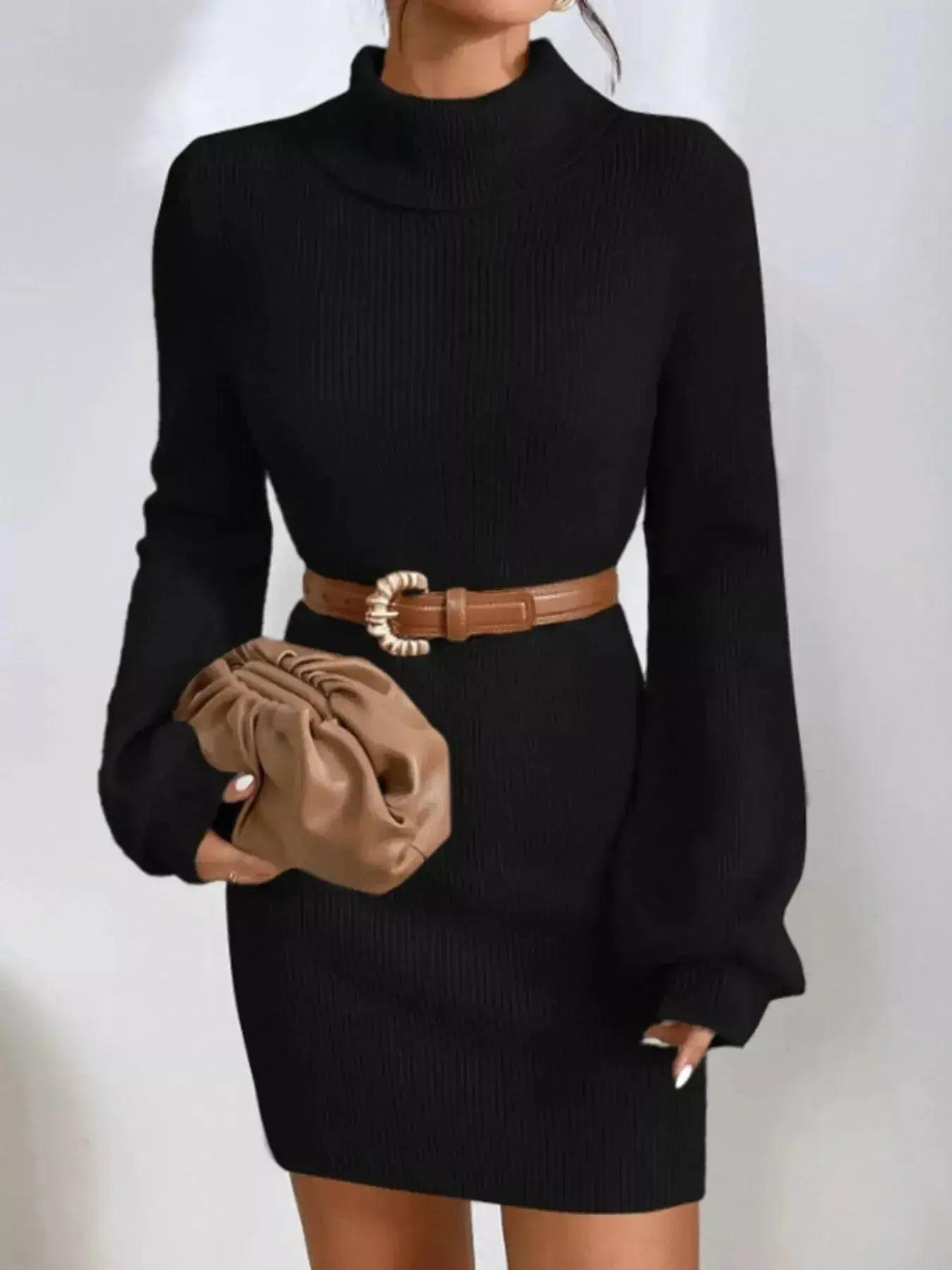 Women's turtleneck ribbed knit sweater dress with long sleeves, midi length, from Plush Fashion Hub.