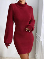 Women's ribbed knit turtleneck sweater dress with long sleeves, midi length, by Plush Fashion Hub, shown in a cozy, fitted style