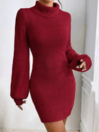 Women's ribbed knit turtleneck sweater dress by Plush Fashion Hub, featuring long sleeves and a midi length.