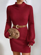 Women's ribbed knit turtleneck sweater dress with long sleeves, midi length, by Plush Fashion Hub, perfect for cozy winter style.