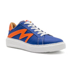 Blue and orange two-tone low-top sneakers by BLKSWN Footwear, shown from an angled view.