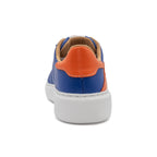 Back view of BLKSWN Footwear 601 Two-Tone lowtop sneakers in blue and orange colors.
