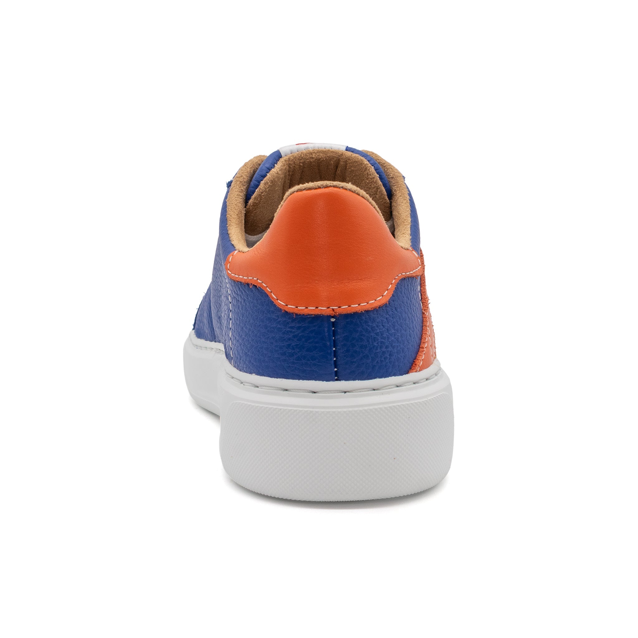 Back view of BLKSWN Footwear 601 Two-Tone lowtop sneakers in blue and orange colors.
