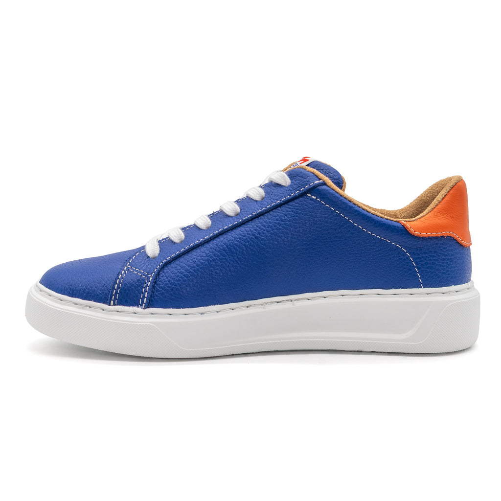 Blue and orange two-tone lowtop sneakers by BLKSWN Footwear, shown from the left side.