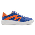 Right view of BLKSWN Footwear 601 Two-Tone lowtop sneakers in blue and orange with a stylish two-tone design.