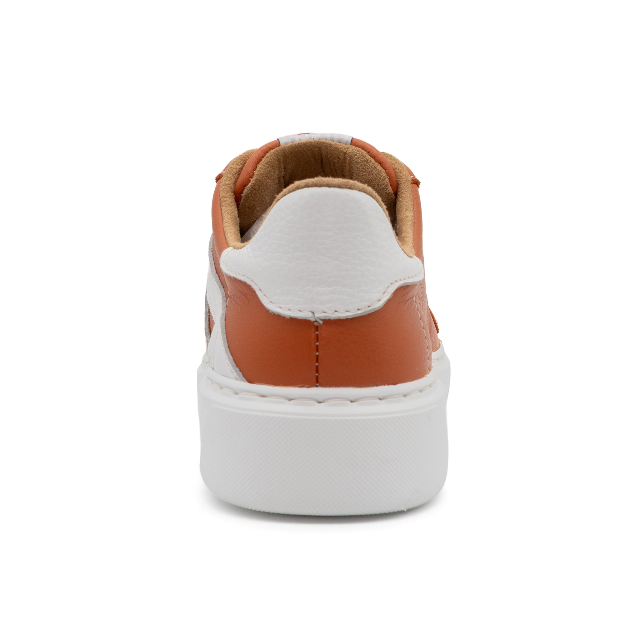Back view of BLKSWN Footwear 601 Two-Tone lowtop sneakers in burnt orange and white, showing the contrasting color design.