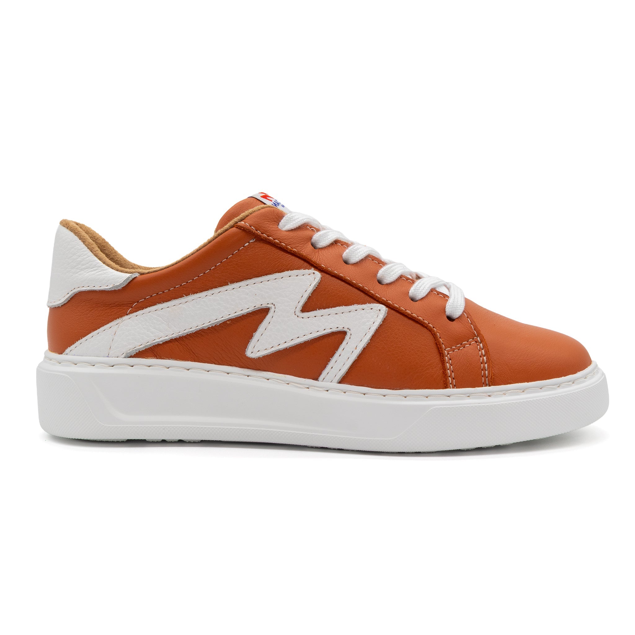 Right view of BLKSWN Footwear 601 Two-Tone lowtop sneakers in burnt orange and white color.