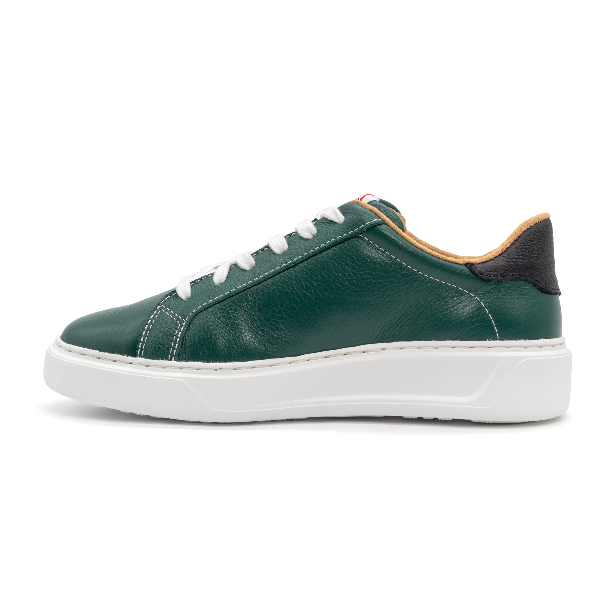 Left view of BLKSWN Footwear 601 Two-Tone lowtop sneakers in forest green and black color combination.