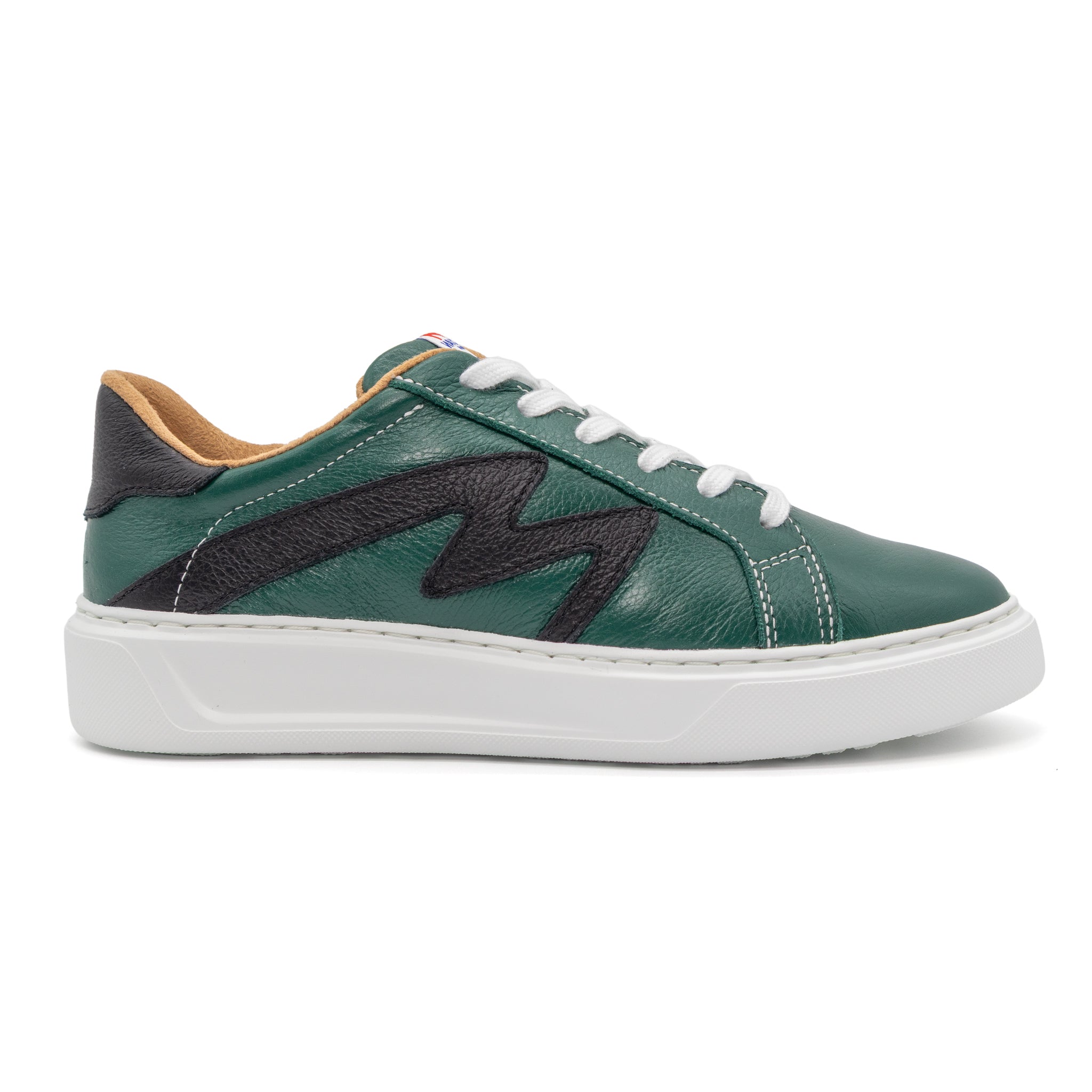 Right foot of BLKSWN Footwear 601 Two-Tone lowtop sneaker in forest green and black with a stylish two-tone design.