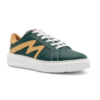 Lowtop BLKSWN Footwear sneaker in two-tone forest green and old gold, shown from an angled side view.