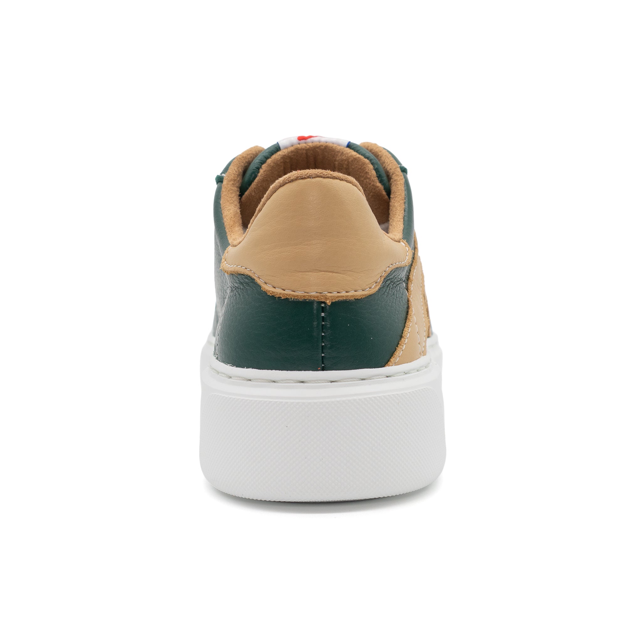 BLKSWN Footwear 601 Two-Tone lowtop sneakers in forest green and old gold, showing the back view of the stylish design.