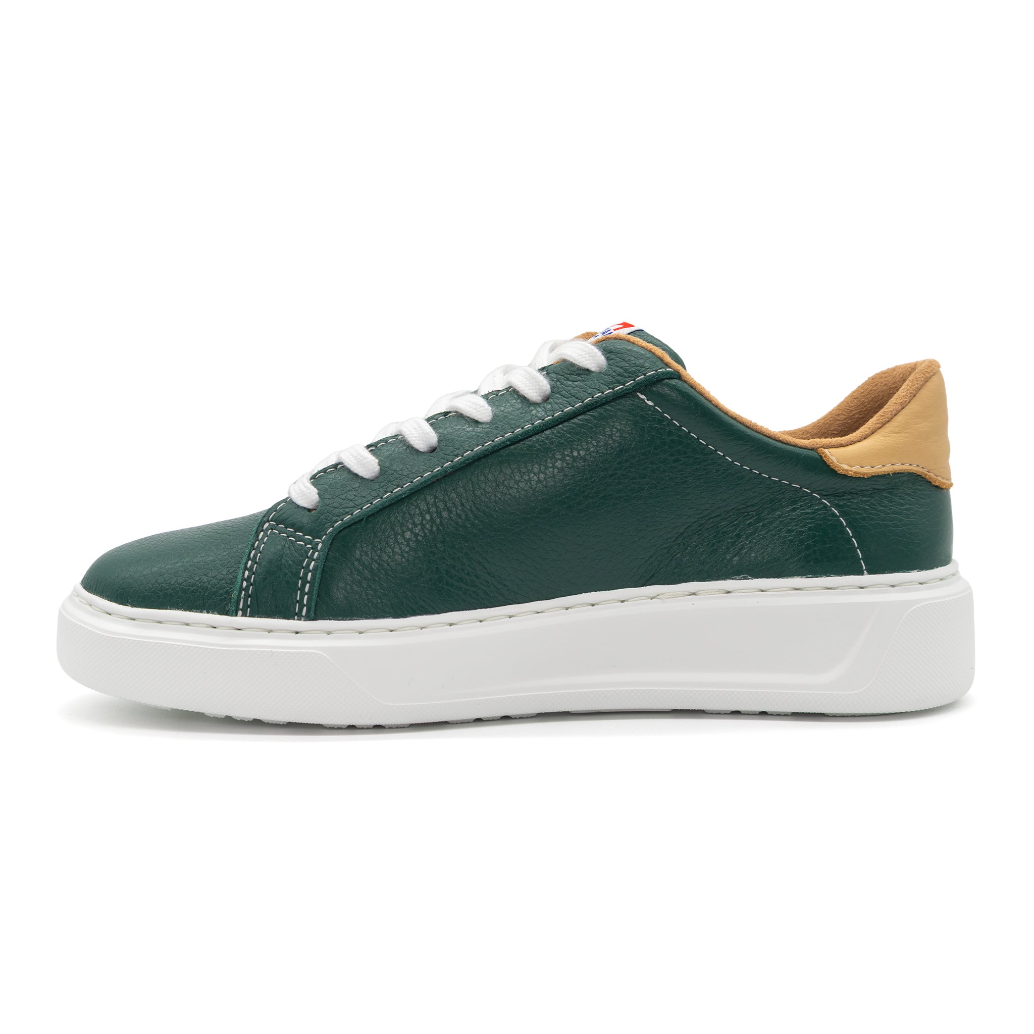 Left view of BLKSWN Footwear 601 Two-Tone lowtop sneaker in forest green and old gold color combination.