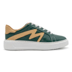 Right foot of BLKSWN Footwear 601 Two-Tone lowtop sneaker in forest green and old gold with a stylish two-tone design.