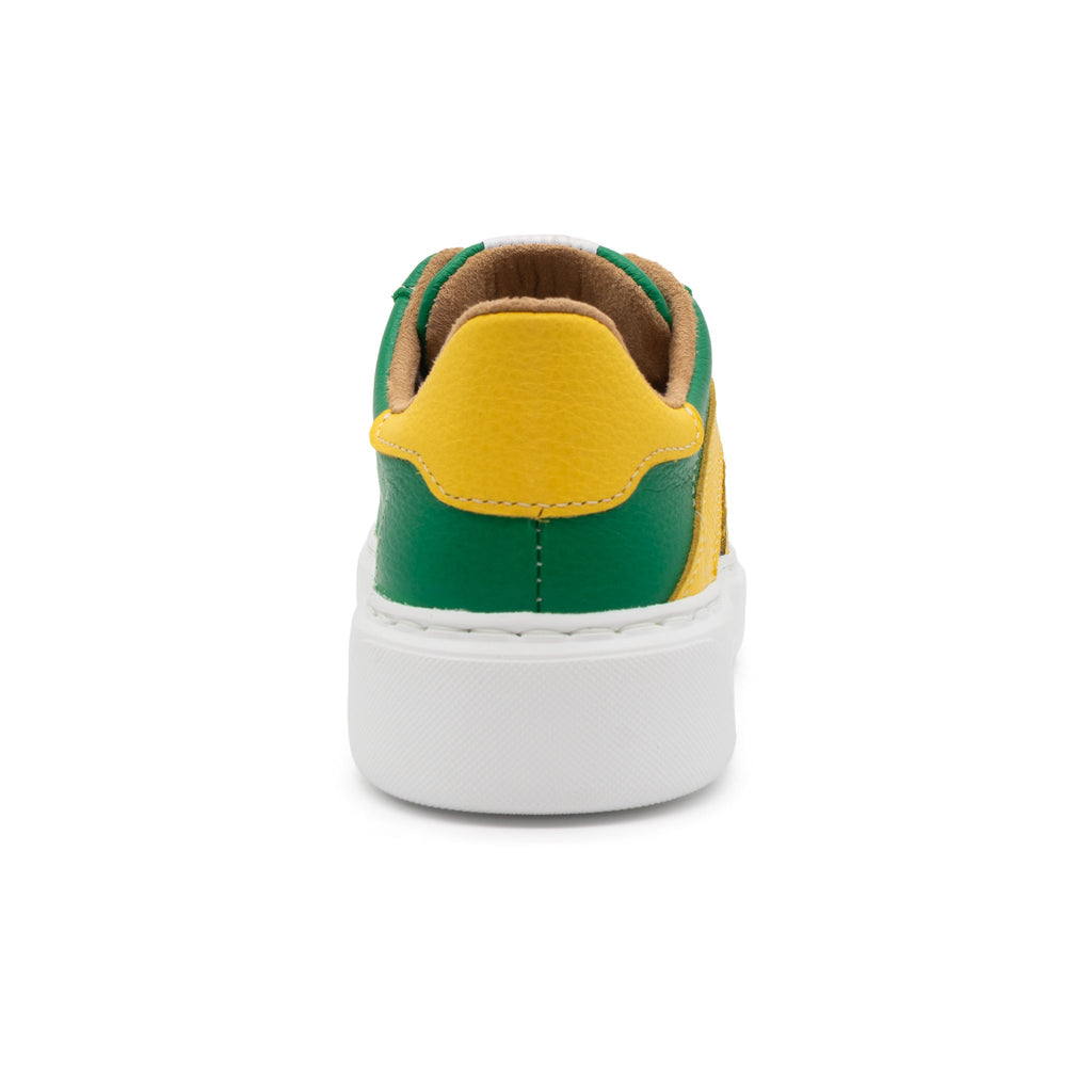 Back view of BLKSWN Footwear 601 Two-Tone lowtop sneakers in green and yellow with a stylish two-tone design.