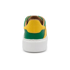 Back view of BLKSWN Footwear 601 Two-Tone lowtop sneakers in green and yellow with a stylish two-tone design.