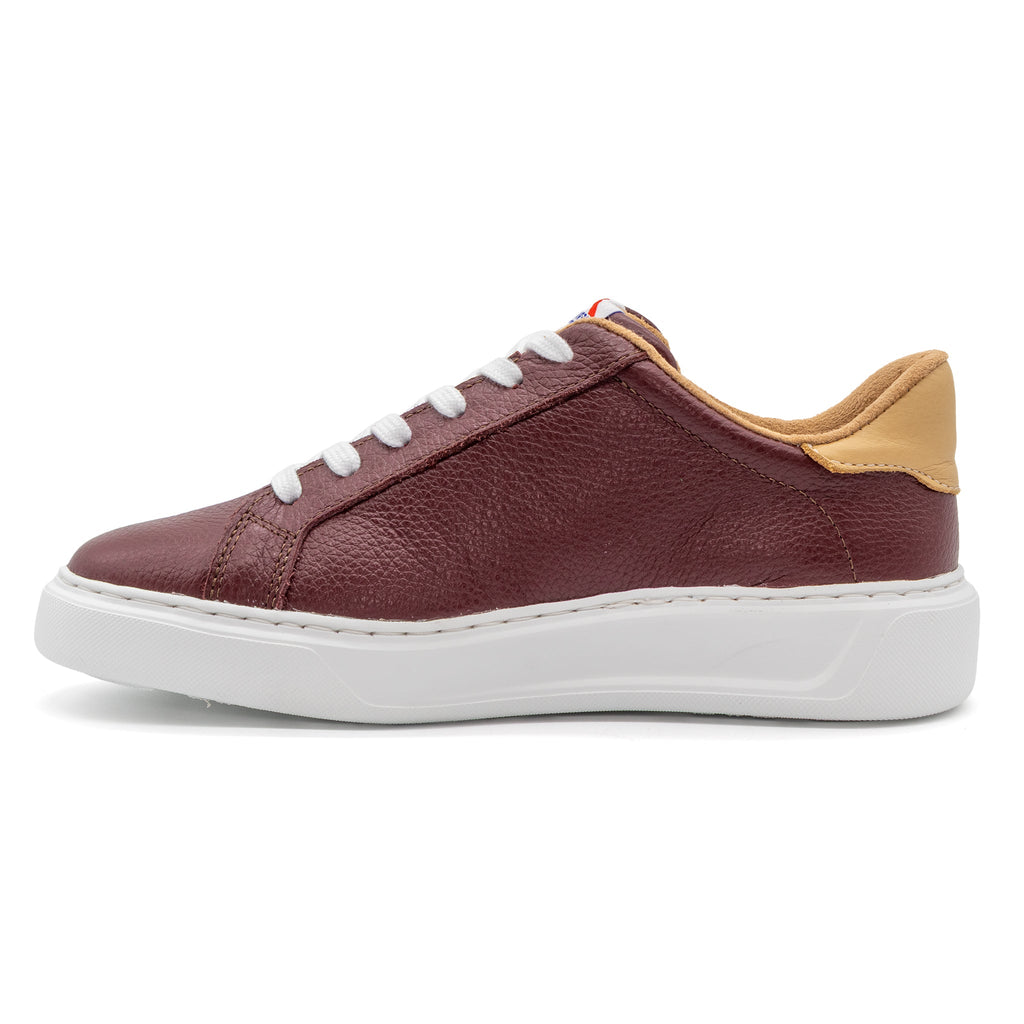 BLKSWN Footwear 601 Two-Tone lowtop sneaker in maroon and old gold, showing the left shoe with stylish two-tone design.