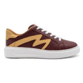 Right view of BLKSWN Footwear 601 Two-Tone lowtop sneakers in maroon and old gold with a stylish two-tone design.