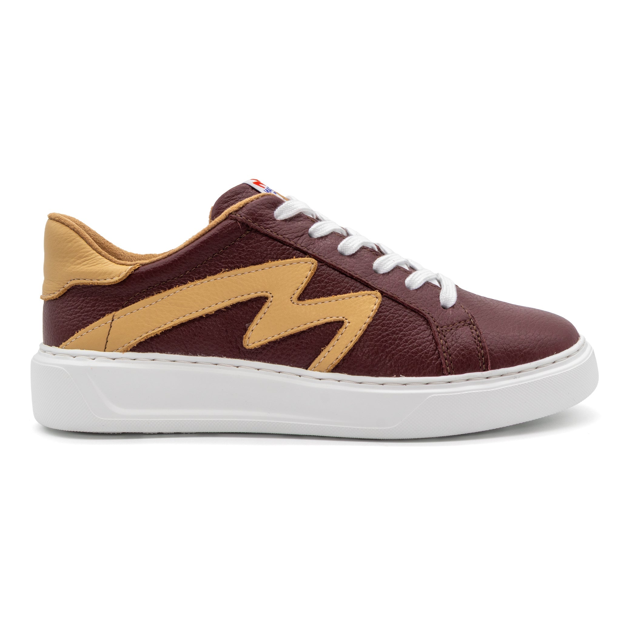 Right view of BLKSWN Footwear 601 Two-Tone lowtop sneakers in maroon and old gold with a stylish two-tone design.