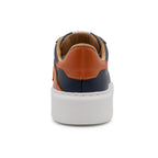 BLKSWN Footwear 601 Two-Tone lowtop sneakers in navy and burnt orange, showing the back view of the stylish design.
