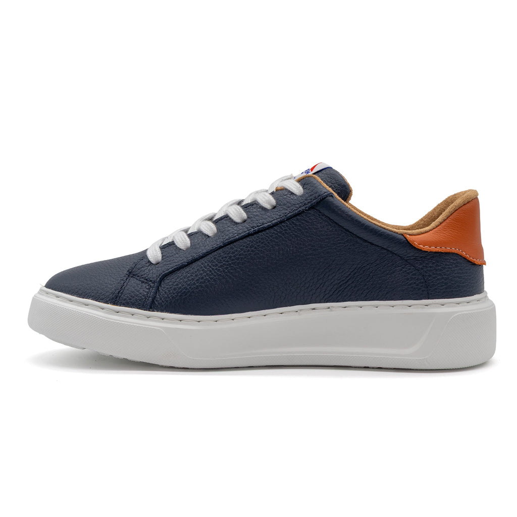 BLKSWN Footwear 601 Two-Tone lowtop sneakers in navy and burnt orange, showing the left shoe with two-tone design details.