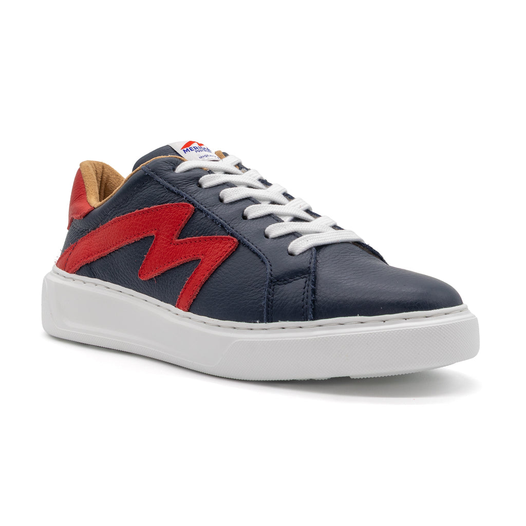 BLKSWN Footwear 601 Two-Tone navy and red berry lowtop sneakers shown from an angled view.