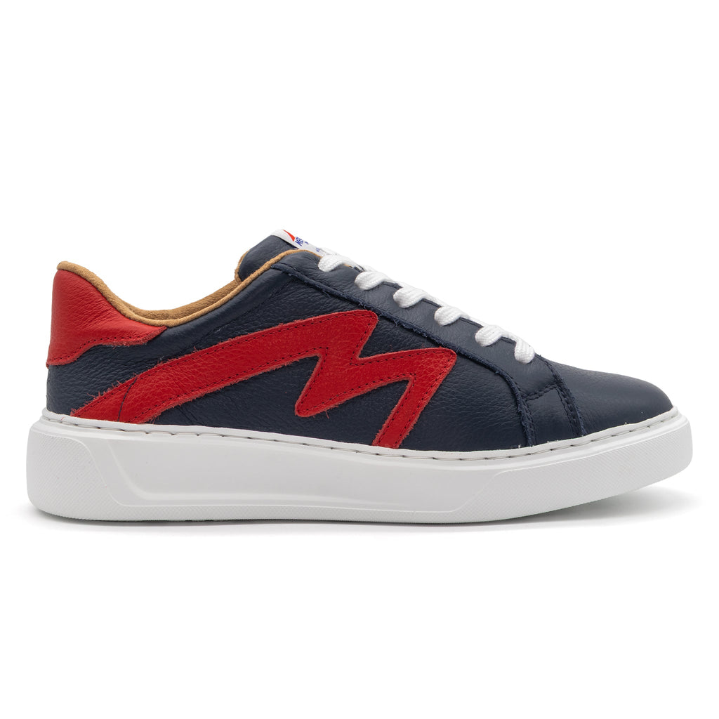 BLKSWN Footwear 601 Two-Tone lowtop sneaker in navy and red berry, showing the right shoe with contrasting color details.