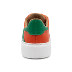 BLKSWN Footwear 601 Two-Tone lowtop sneakers in orange and green, showing the back view of the stylish color-block design.