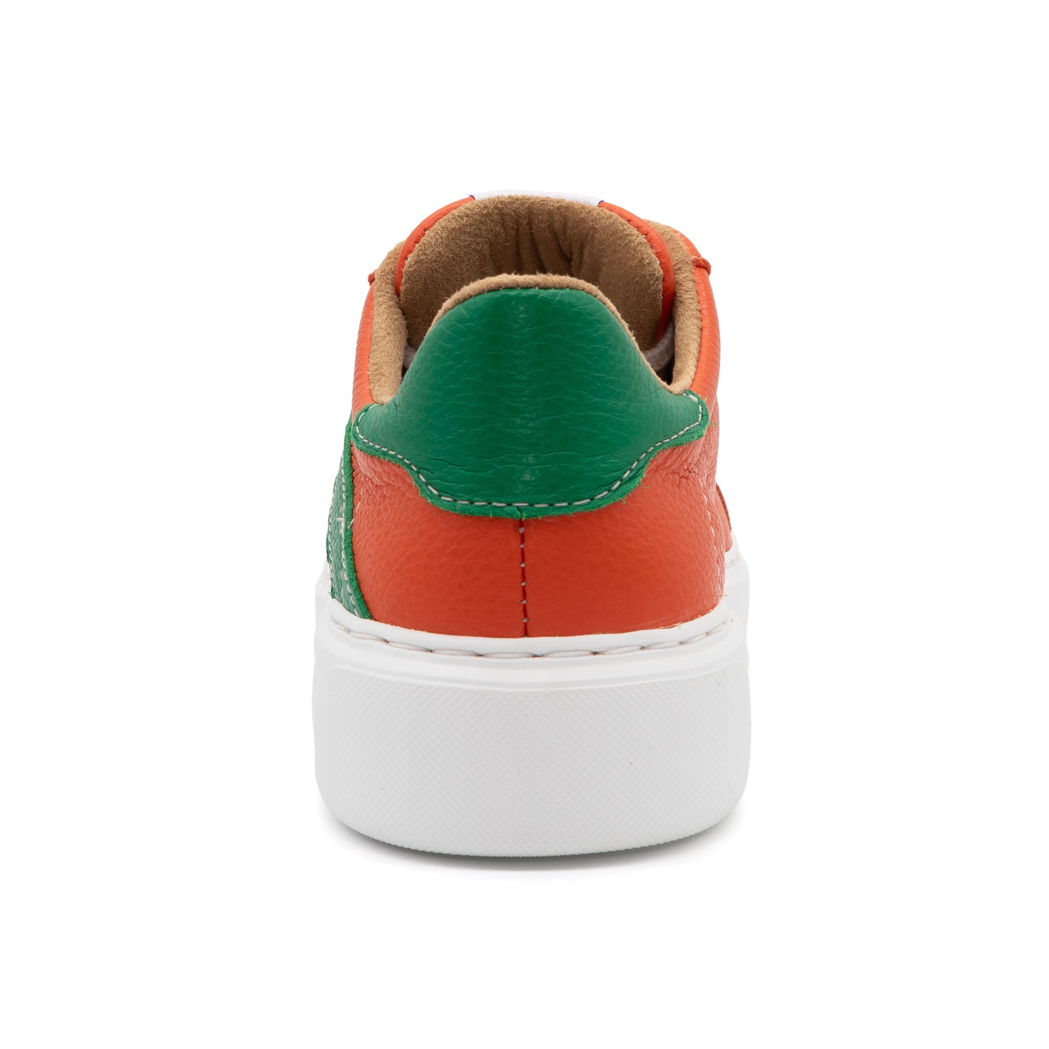 BLKSWN Footwear 601 Two-Tone lowtop sneakers in orange and green, showing the back view of the stylish color-block design.