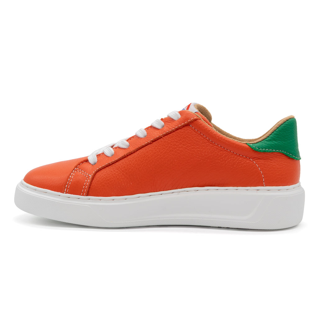 Left view of BLKSWN Footwear 601 Two-Tone lowtop sneakers in vibrant orange and green colors.