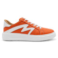 Right view of BLKSWN Footwear 601 Two-Tone lowtop sneakers in orange and white with a sleek, stylish design.