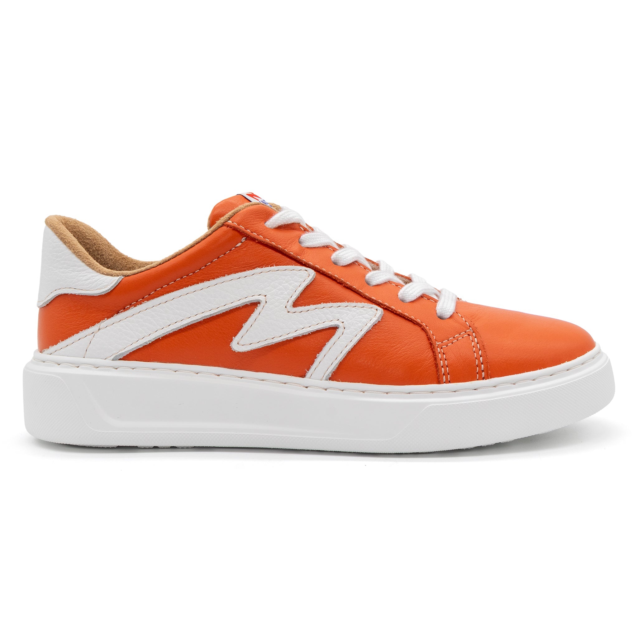 Right view of BLKSWN Footwear 601 Two-Tone lowtop sneakers in orange and white with a sleek, stylish design.