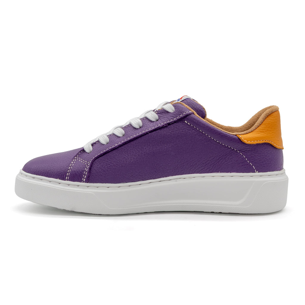 Left view of BLKSWN Footwear 601 Two-Tone lowtop sneakers in purple and gold with a stylish two-tone design.