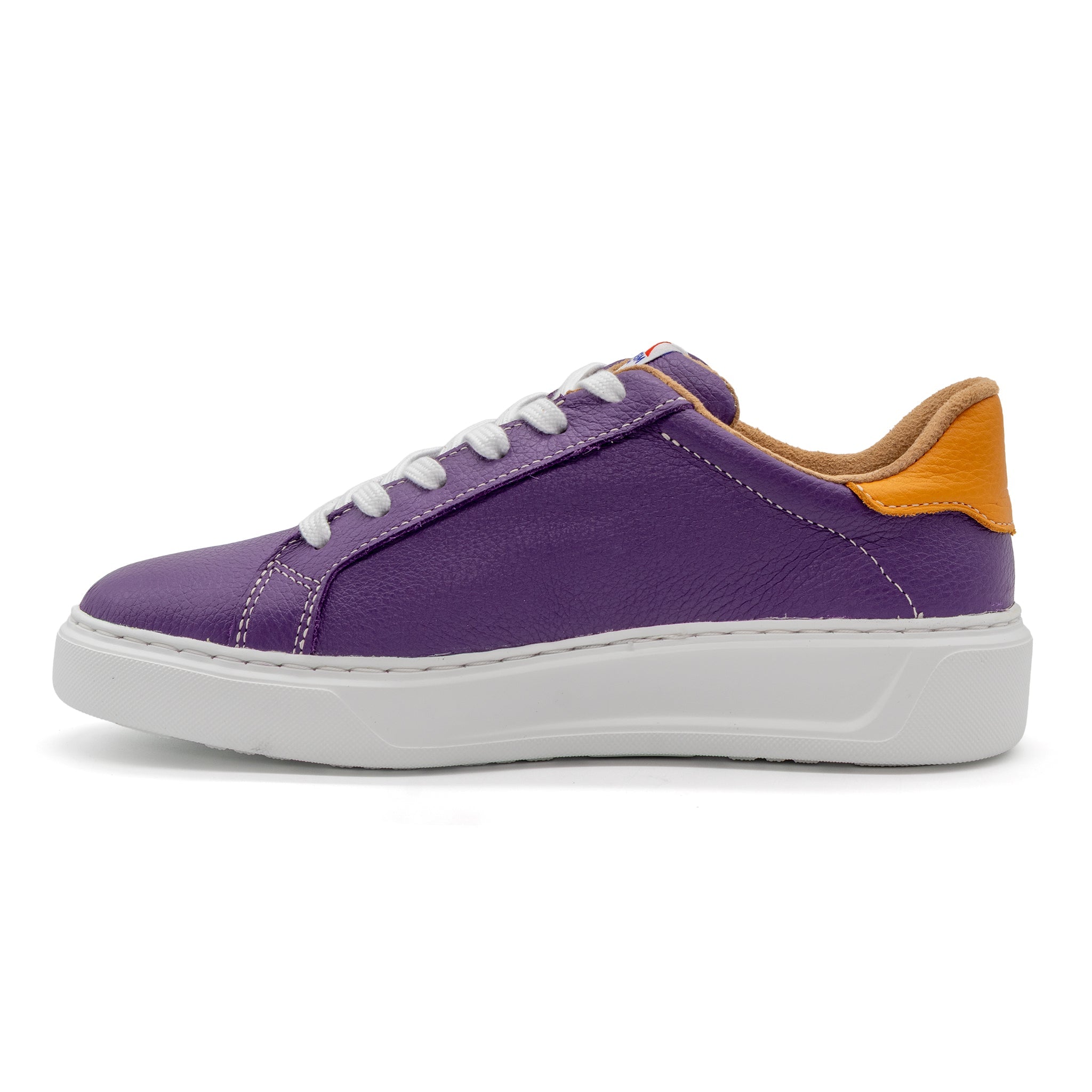 Left view of BLKSWN Footwear 601 Two-Tone lowtop sneakers in purple and gold with a stylish two-tone design.