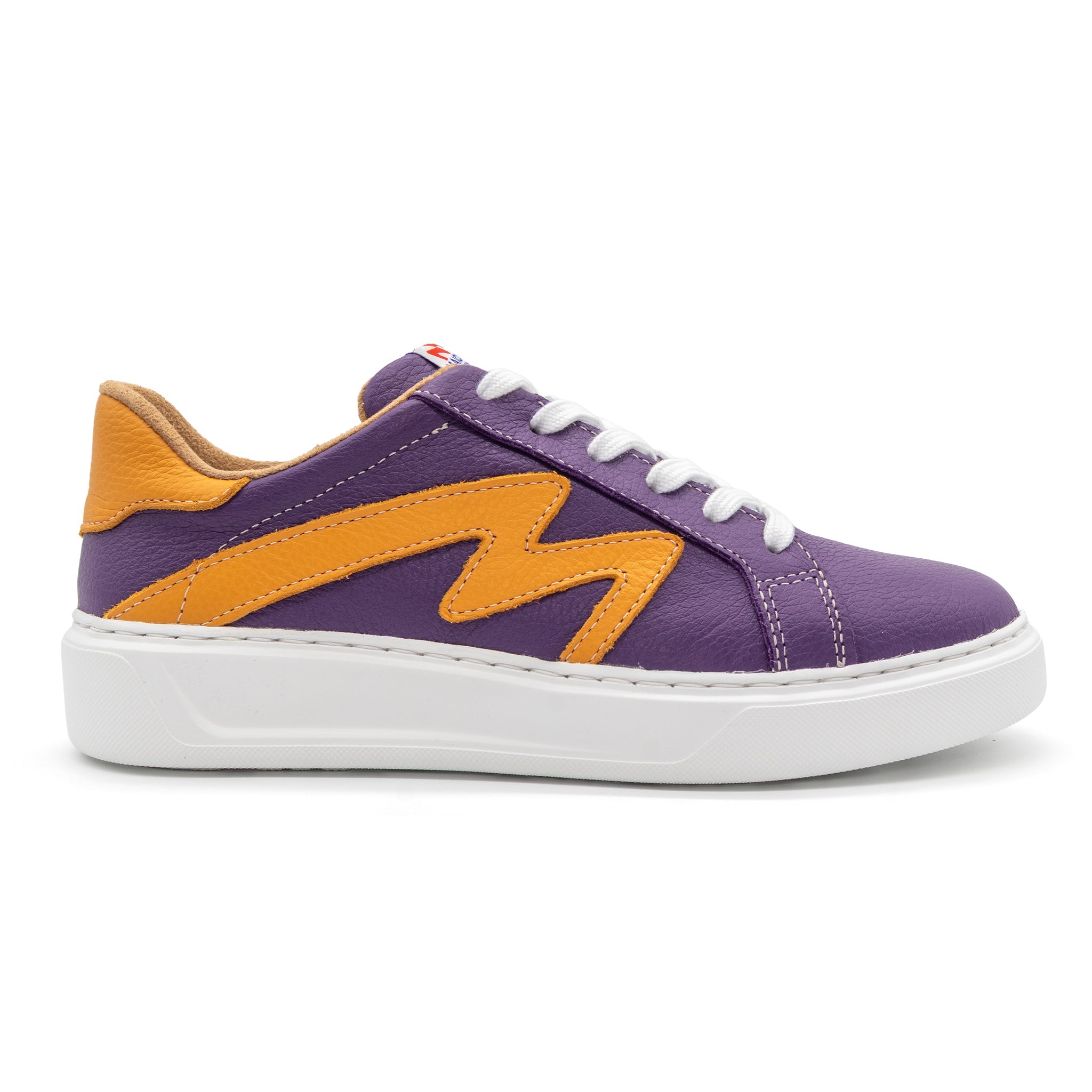 Right view of BLKSWN Footwear 601 Two-Tone low-top sneaker in purple and gold with a stylish two-tone design.