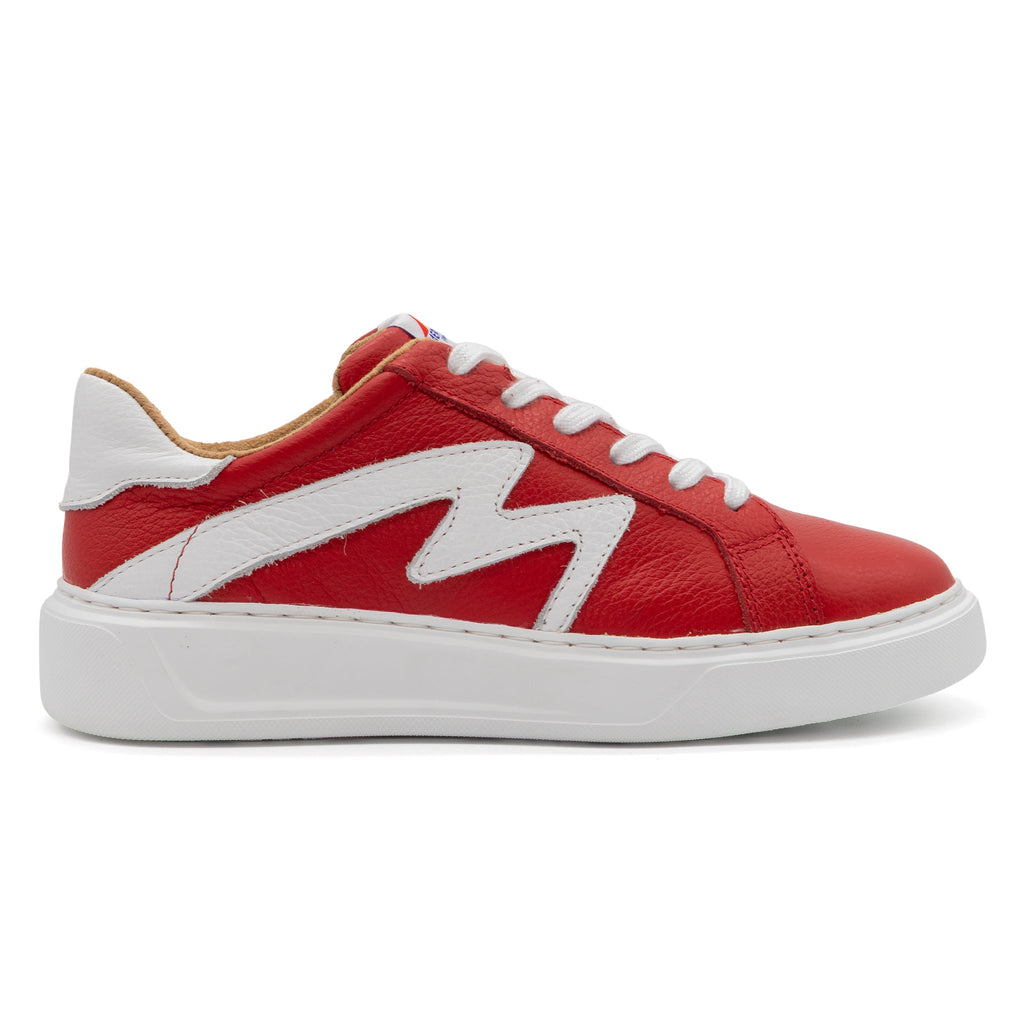 Right foot of BLKSWN Footwear 601 Two-Tone lowtop sneaker in red berry and white with a stylish two-tone design.