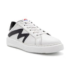 Black and white two-tone lowtop sneakers by BLKSWN Footwear, angled view showcasing stylish design and contrasting colors.