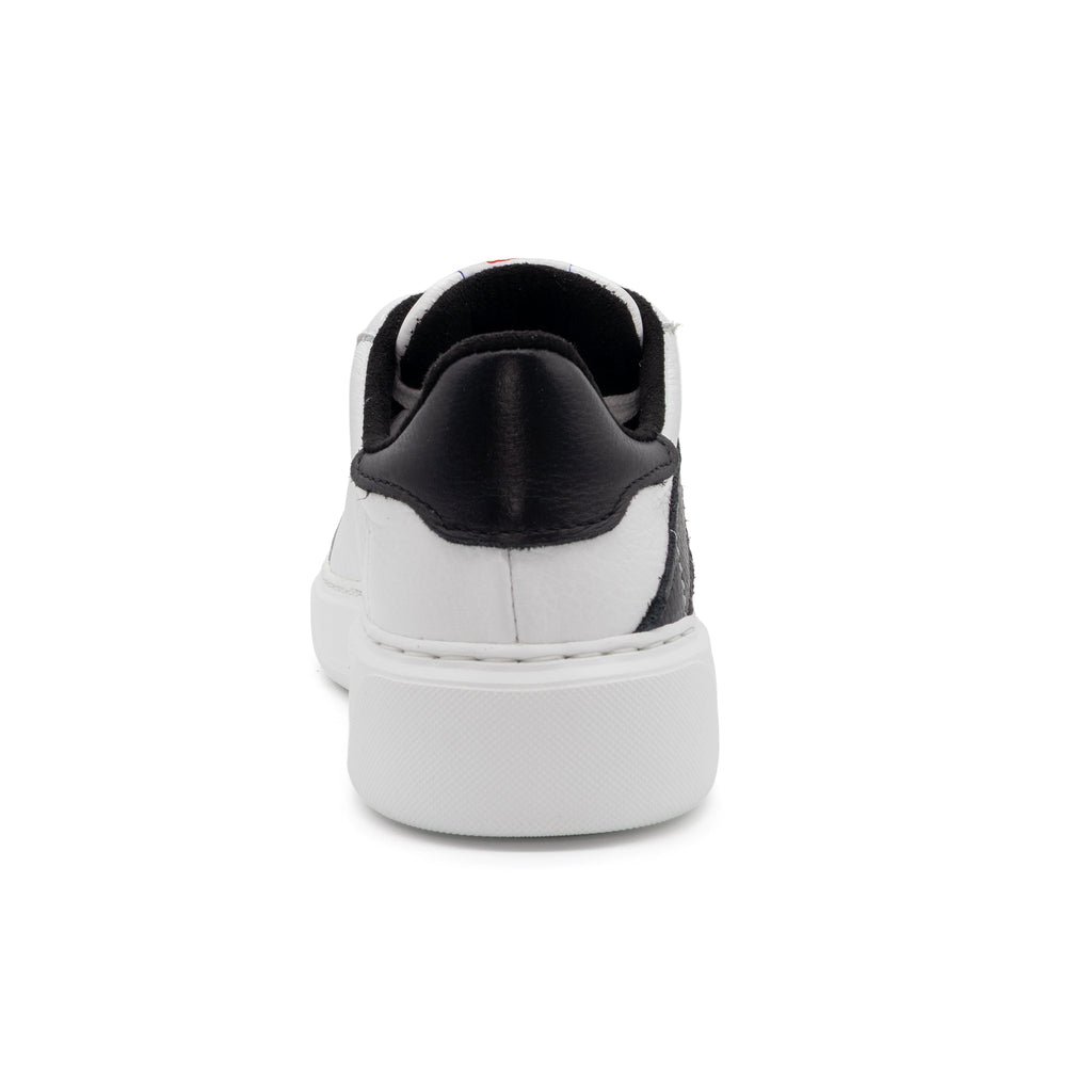 BLKSWN Footwear 601 Two-Tone lowtop sneaker in white and black, showing the back view of the stylish, casual shoe.