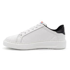 Black and white two-tone lowtop sneakers by BLKSWN Footwear, displayed from the left side.