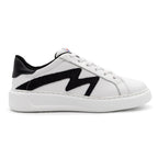 Right foot of BLKSWN Footwear 601 Two-Tone lowtop sneaker in white and black with a sleek design.