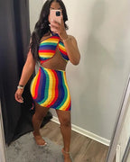 Colorful rainbow tie dye halter bodycon mini dress for women, showcasing vibrant patterns and fitted style.