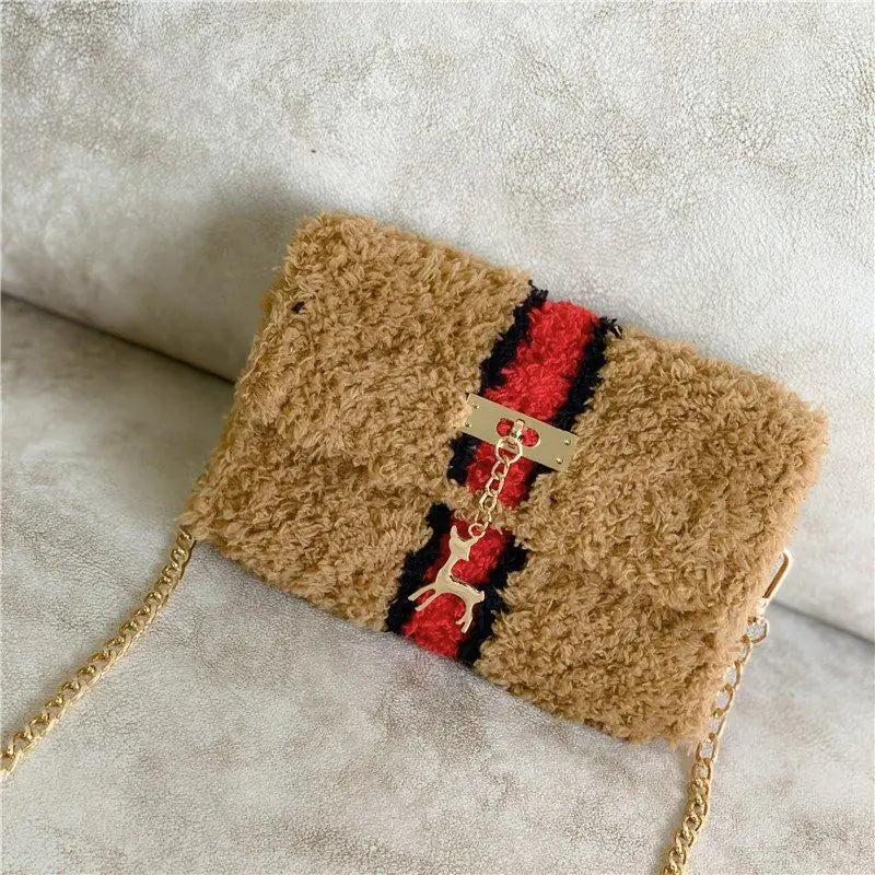 Soft, hand-woven fleece-lined plush one-shoulder purse for women, featuring a cozy, textured design from Trendy Attic Store01.